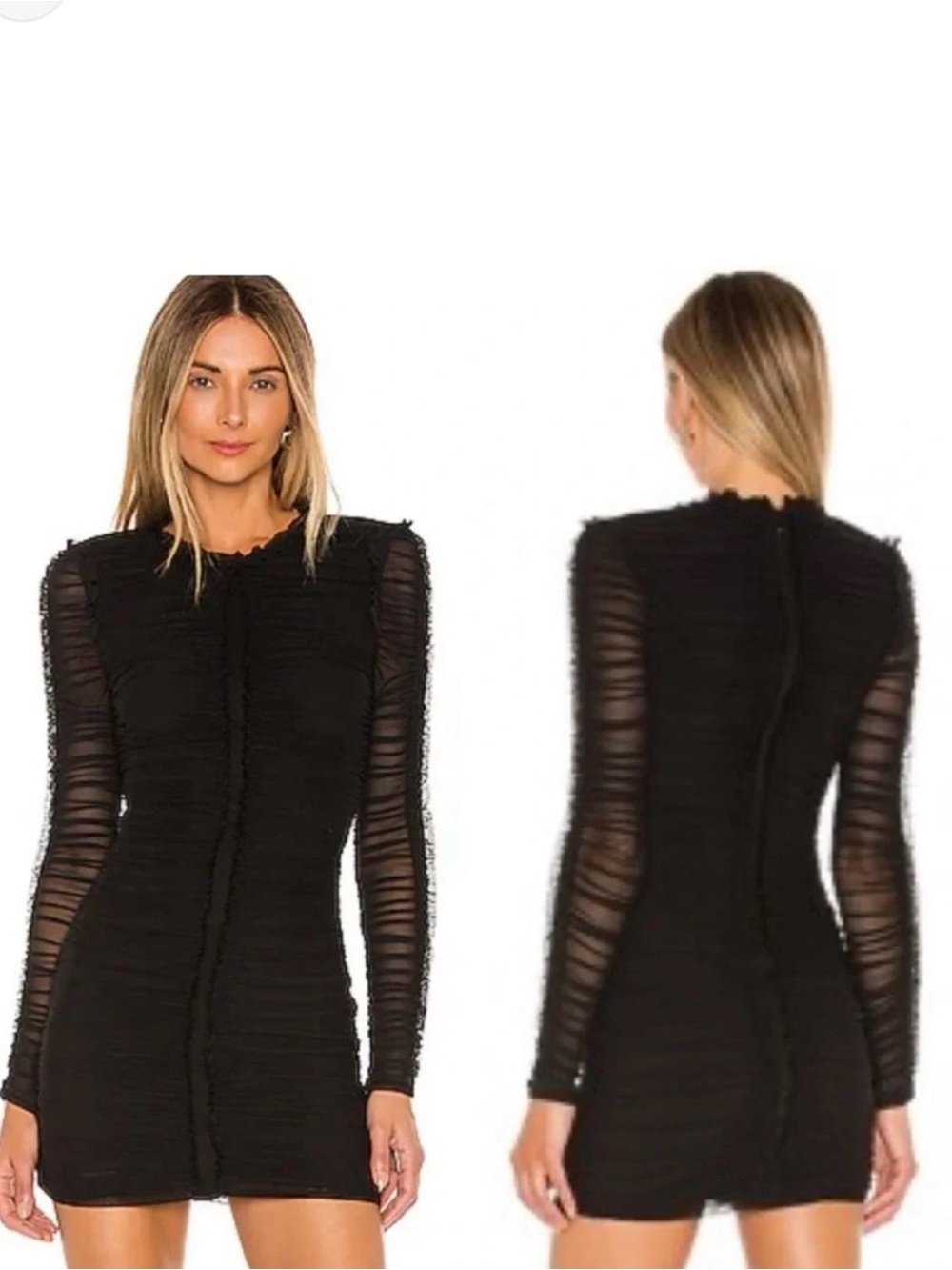 NBD Black Long-Sleeve Ruched Mesh Mini Dress New. Size S